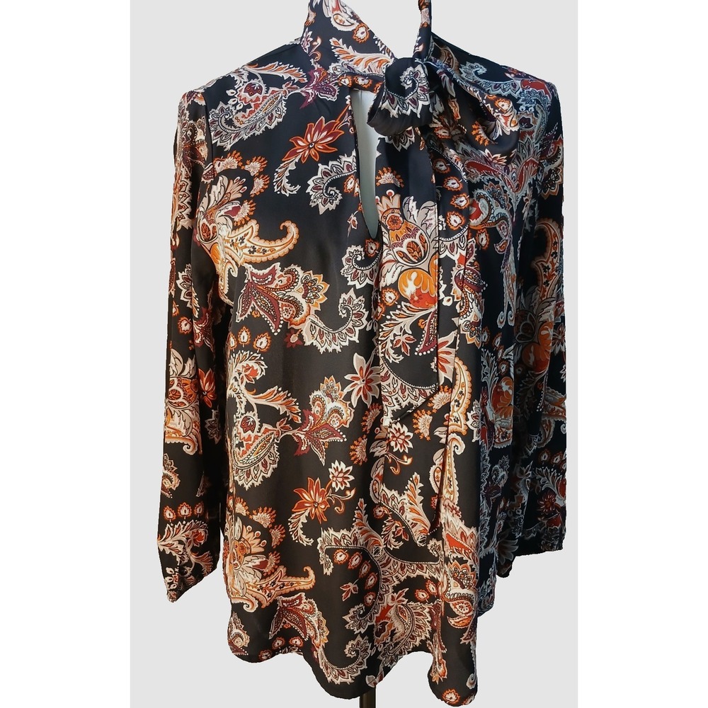 Lily White Black & Orange Paisley Business Casual Blouse Women's Size M